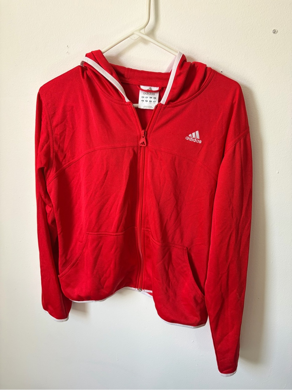 adidas Kids Red Hooded Zip-Up Jacket with White Trim